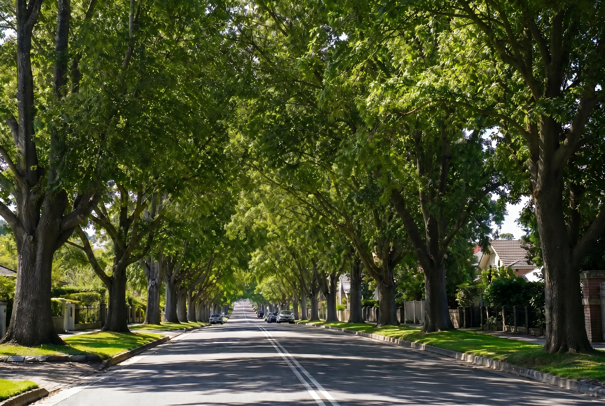 A mature tree-lined boulevard with a closed green canopy