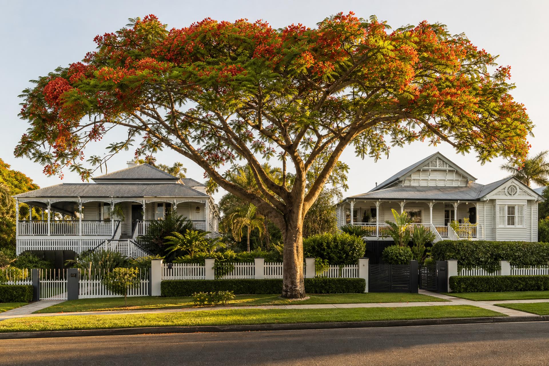 A flowering poinciana between classic Queenslander houses in Brisbane